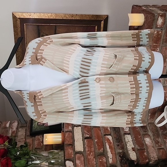 Pendleton Southwestern Knit Blazer Tan Blue Stripe Pattern Boho Western Minimali - Picture 2 of 7